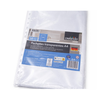 Crelando A4 Transparent Document Sleeves – Pack of 50, 11-Hole Polypropylene