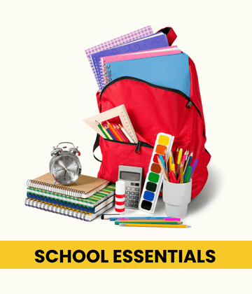 Red backpack with school supplies including notebooks, pencils, and a calculator on a white background.