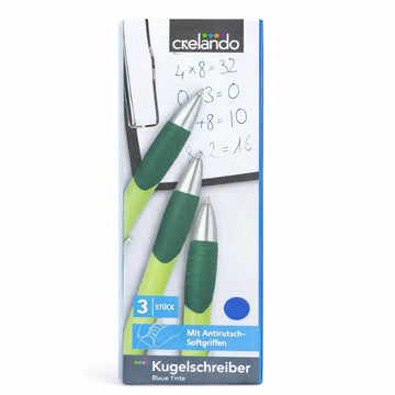 Crelando Ballpoint Pens – Set of 3, Blue Ink with Soft Grip