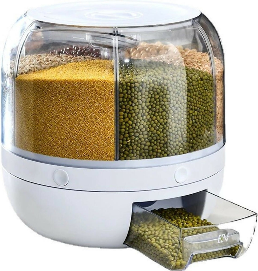 Rotating Grain Dispenser with Separate Storage Sections