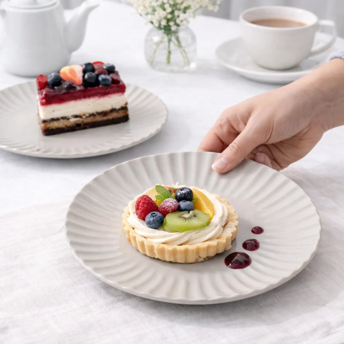 Livarno Home Ribbed Ceramic Dessert Plates - Set of 2, Grey 20cm - Yalla Mart