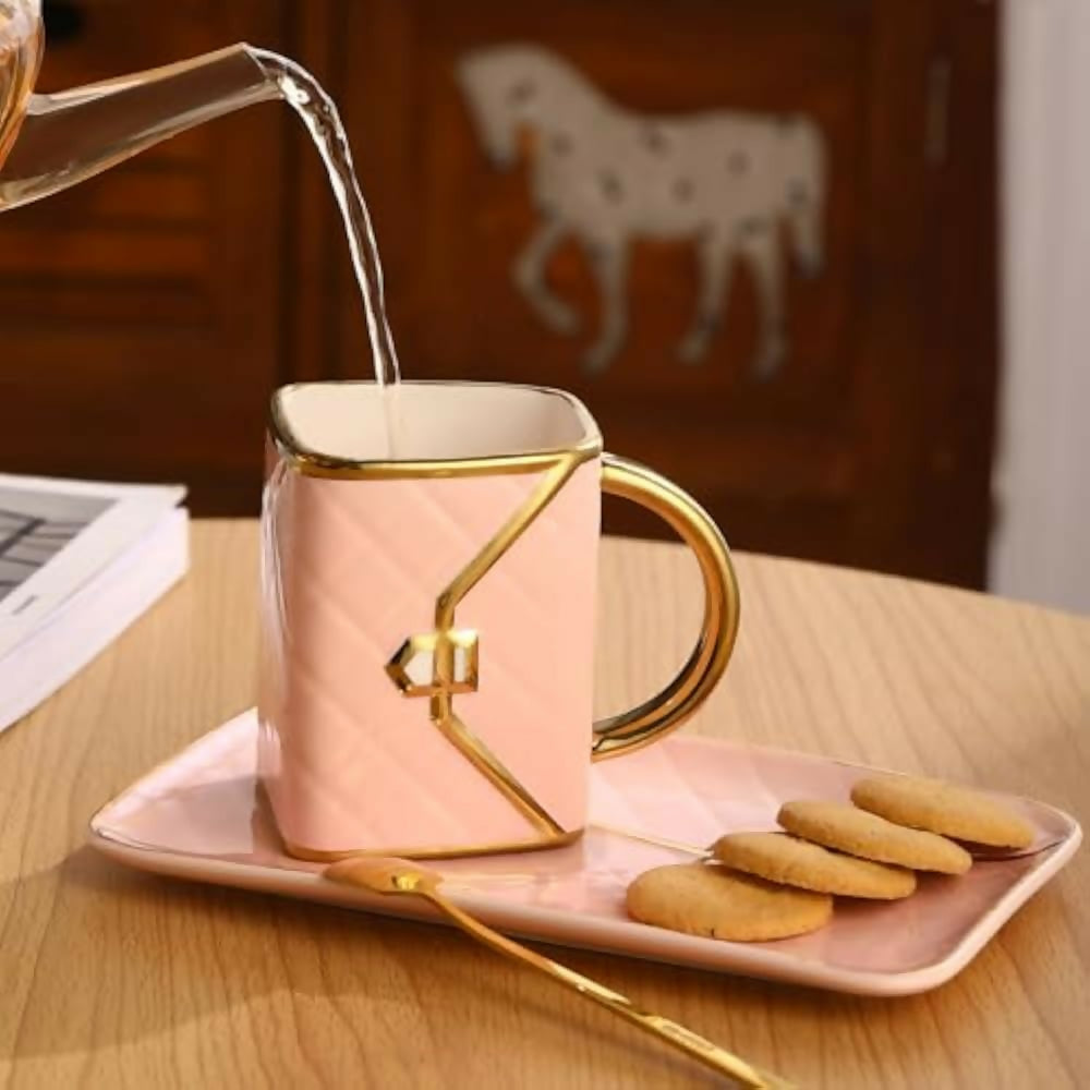 Handbag-Shaped Ceramic Mug with Saucer & Spoon, 300 ml