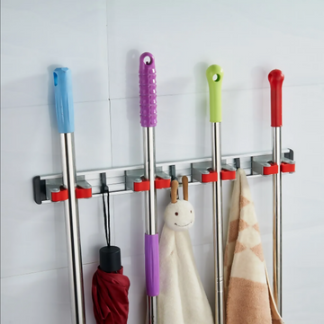 Wall-Mounted Broom Holder with 4 Grips