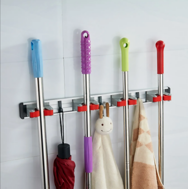 Wall-Mounted Broom Holder with 4 Grips