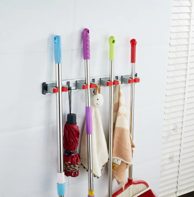 Wall-Mounted Broom Holder with 4 Grips