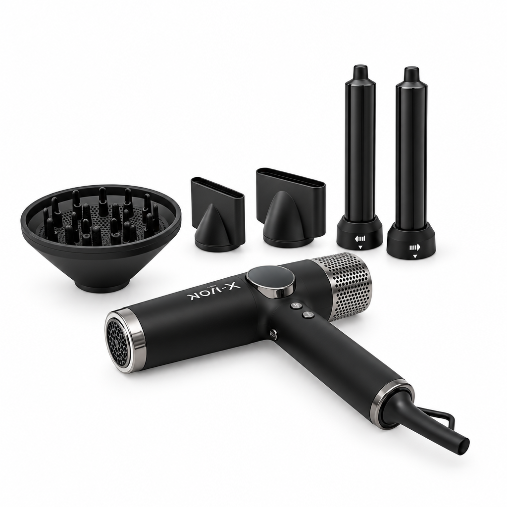 Black hair styler with five attachments on white