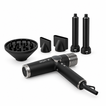 Black hair styler with five attachments on white