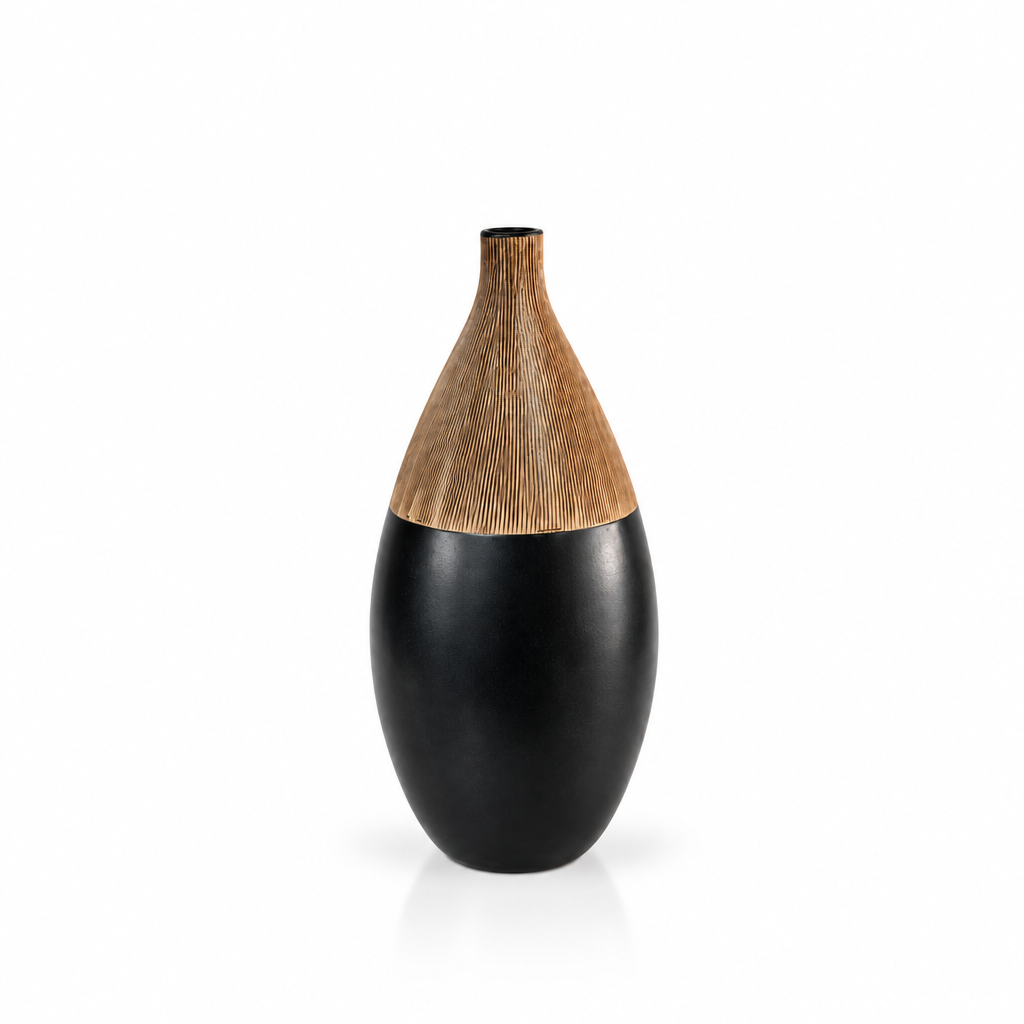 Black wood-effect teardrop ceramic vase centered on white
