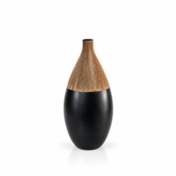 Black wood-effect teardrop ceramic vase centered on white