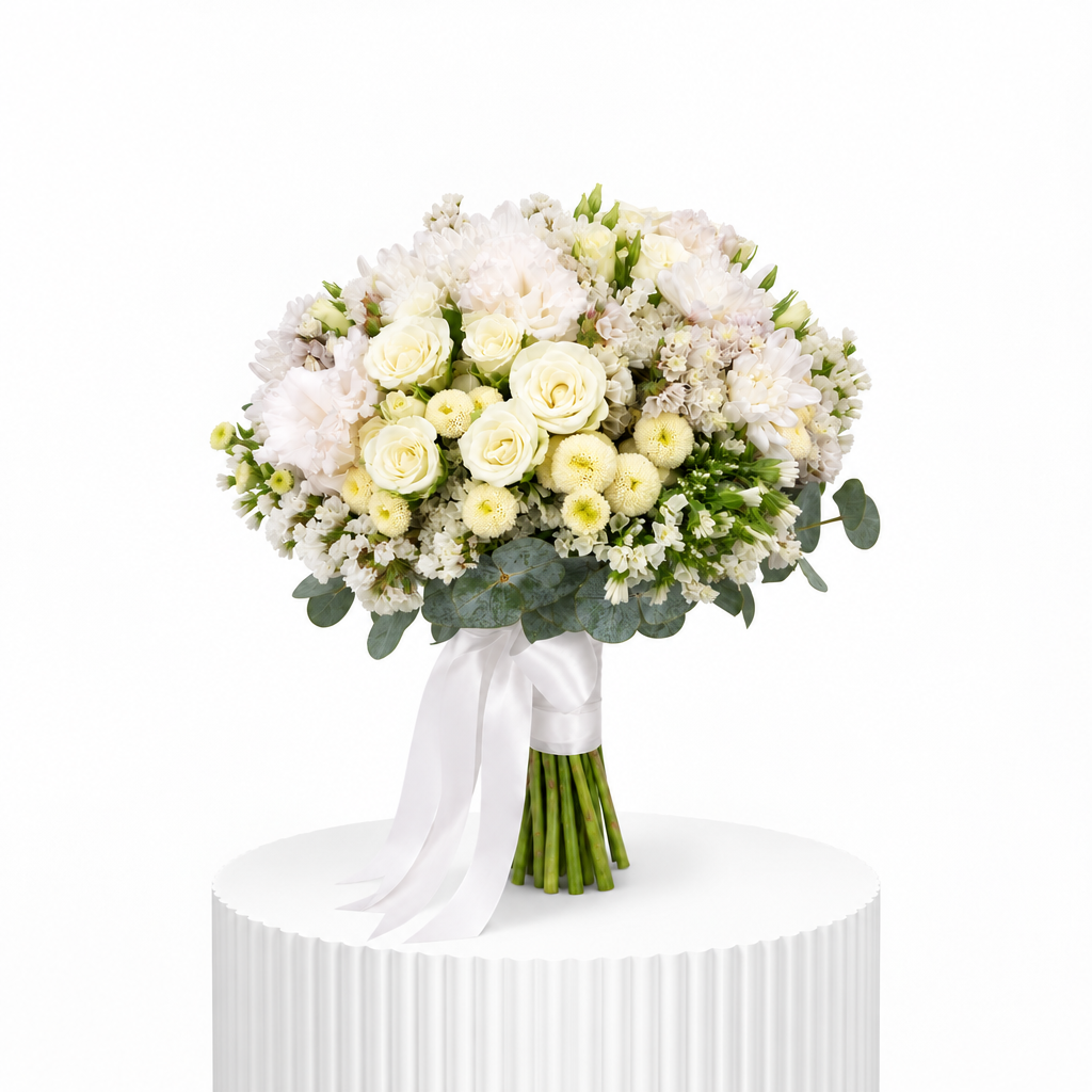 Bridal bouquet on a cropped white fluted pedestal