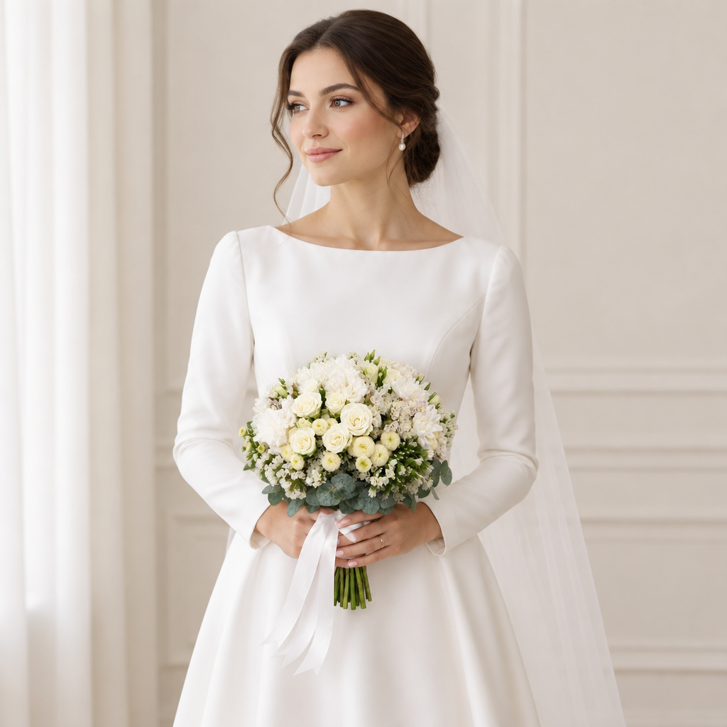 Bride holding a realistically sized mixed white bouquet