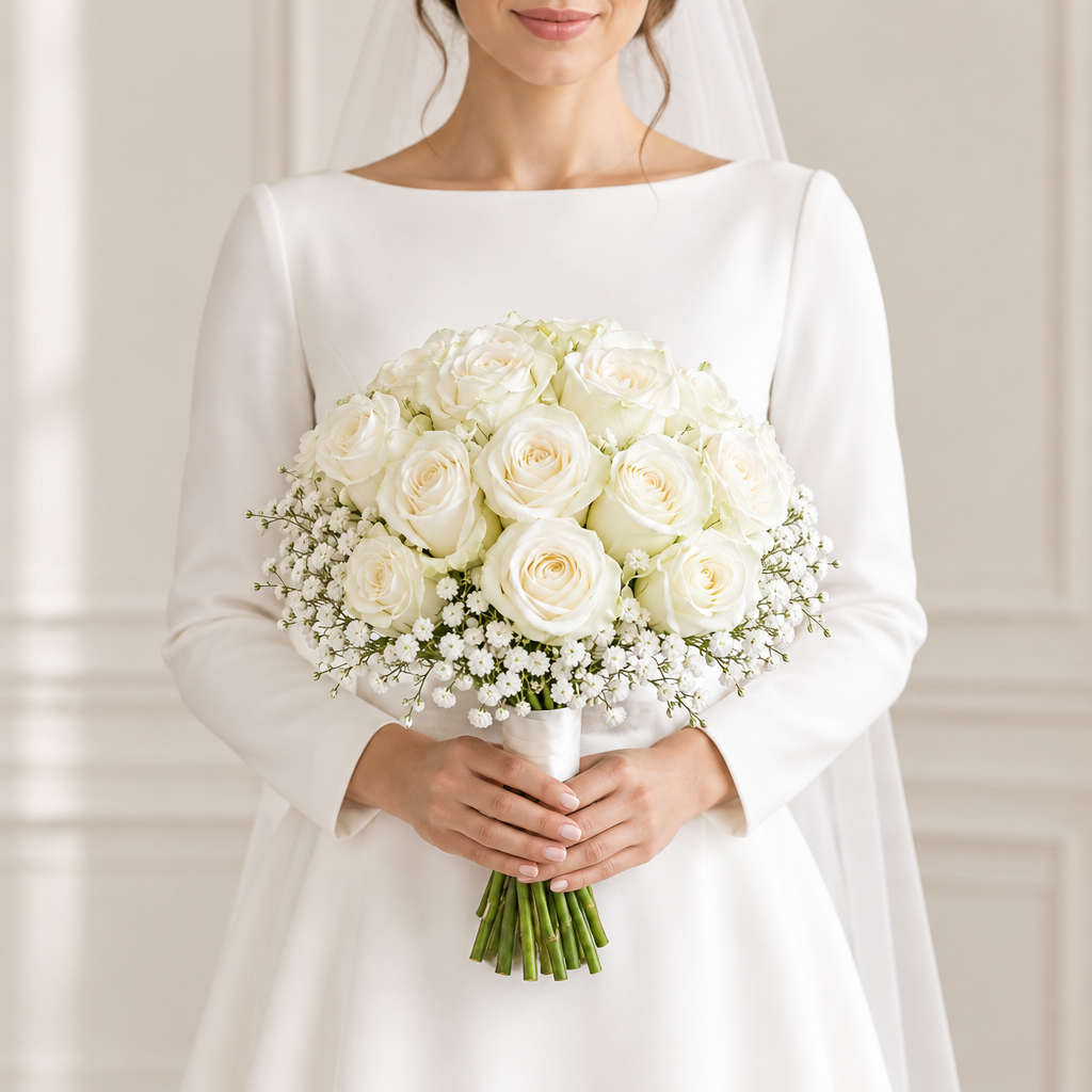 Bride holding the white rose wedding bouquet