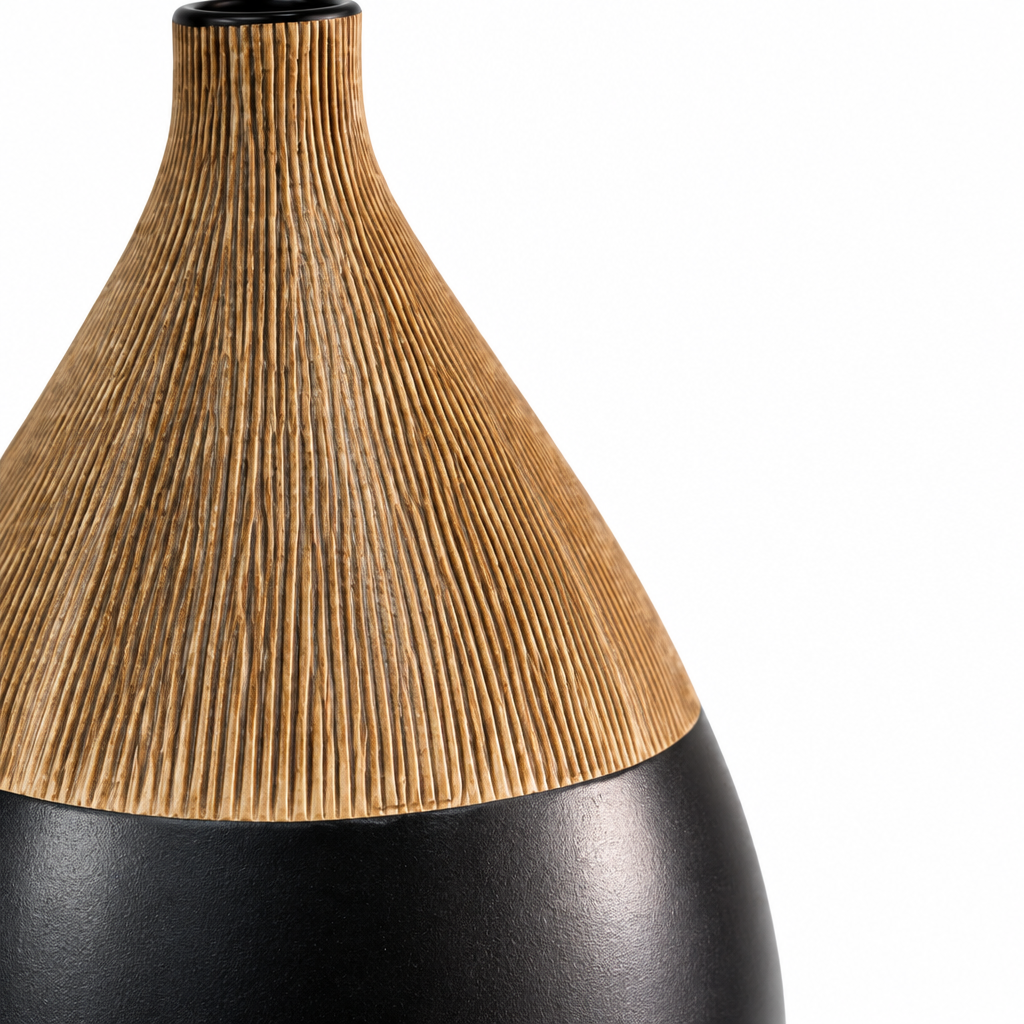 Close detail of the ribbed wood-effect texture and matte black transition