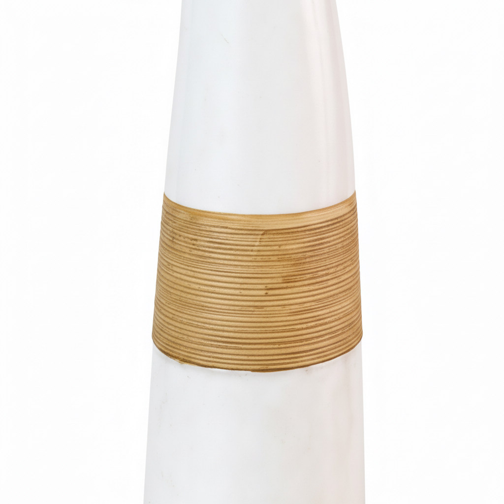 Close-up detail of natural textured band and smooth white ceramic finish