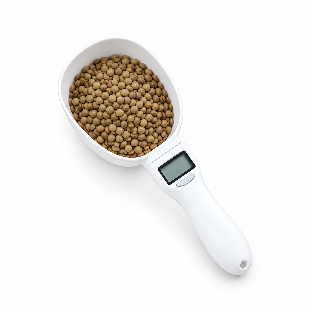 Digital measuring scoop filled with lentils on white