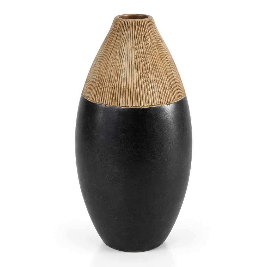 Exact black and wood-effect vase close-detail photo