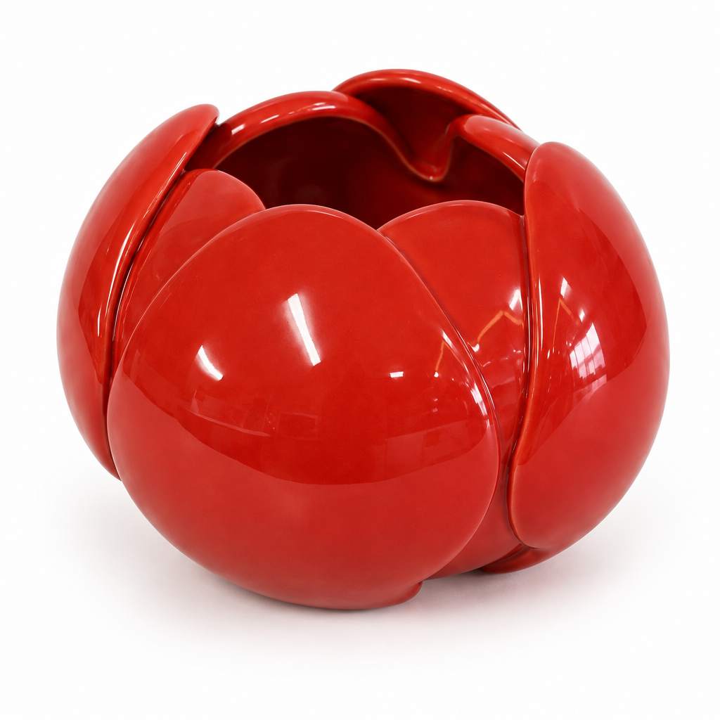 Exact glossy red flower-shaped vase close-detail photo