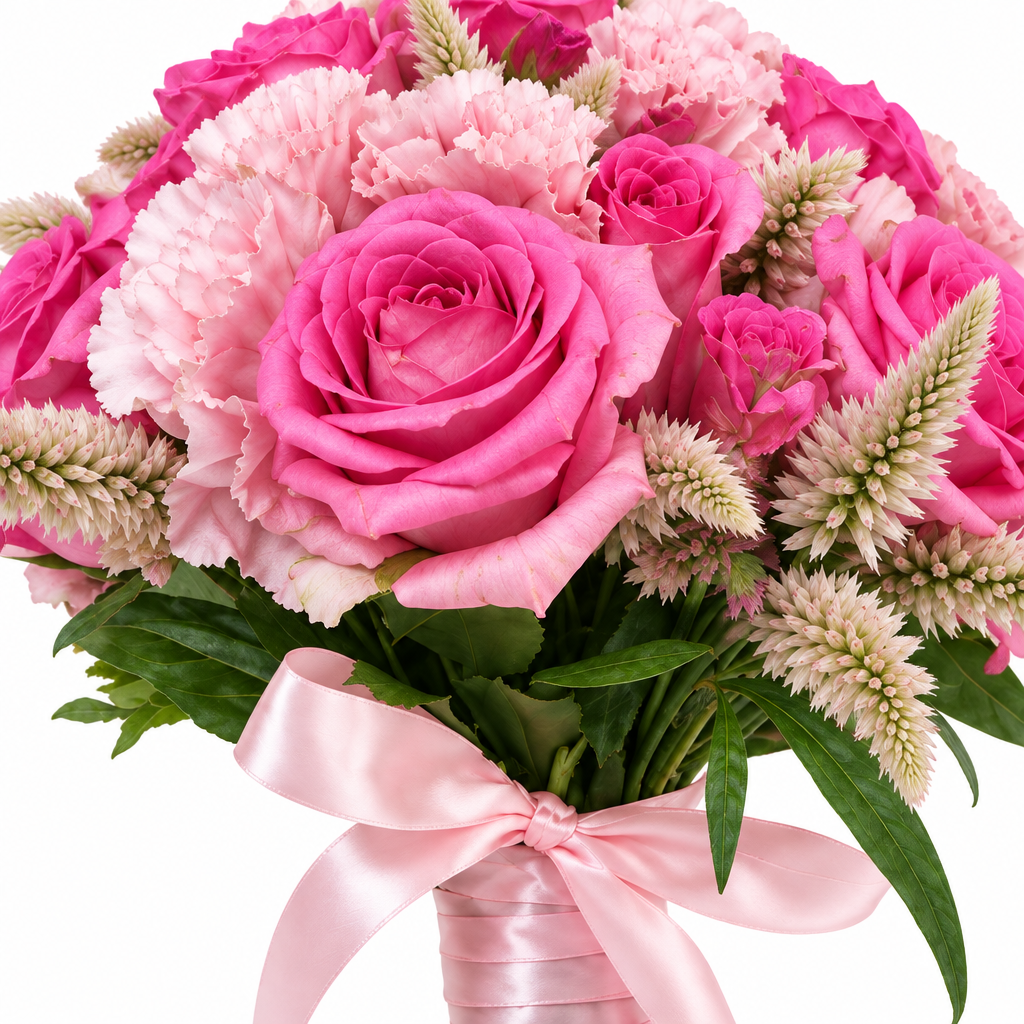 Exact pink bouquet, realistic close-detail photo