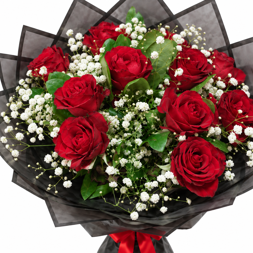 Exact red rose bouquet, realistic close-detail photo