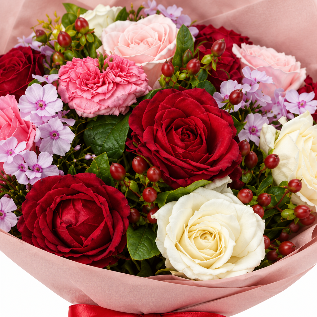 Exact romantic mixed rose bouquet, close-detail photo