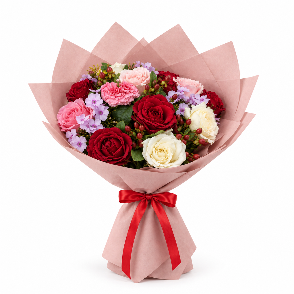 Exact romantic mixed rose bouquet, full product photo
