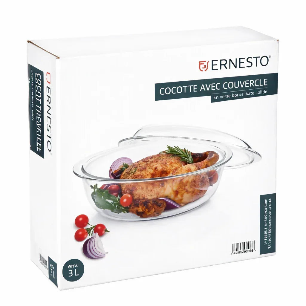 ERNESTO Glass Oven Casserole Dish with Lid - 3L Borosilicate - Yalla Mart