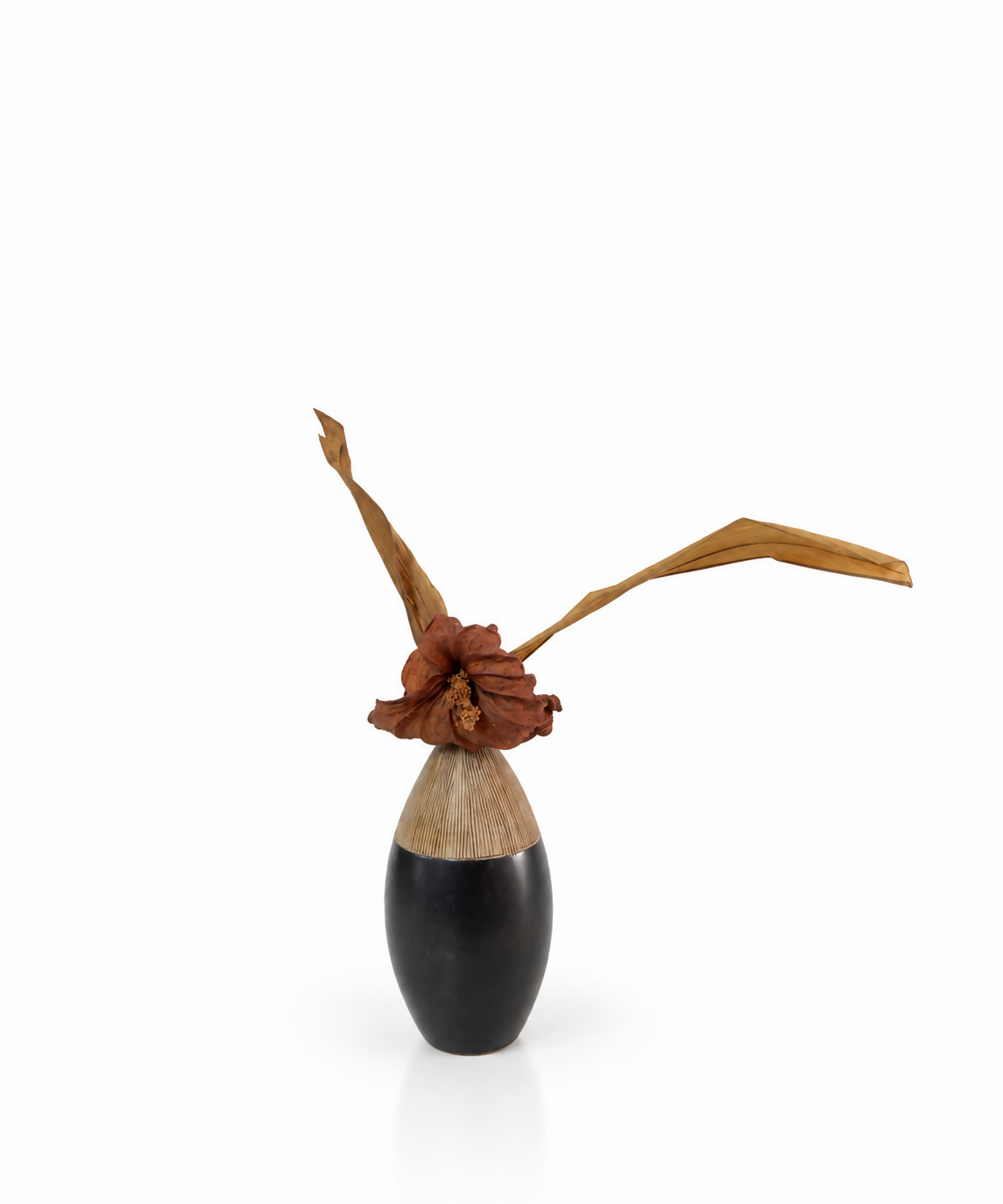 Black & Wood-Effect Oval Ceramic Vase