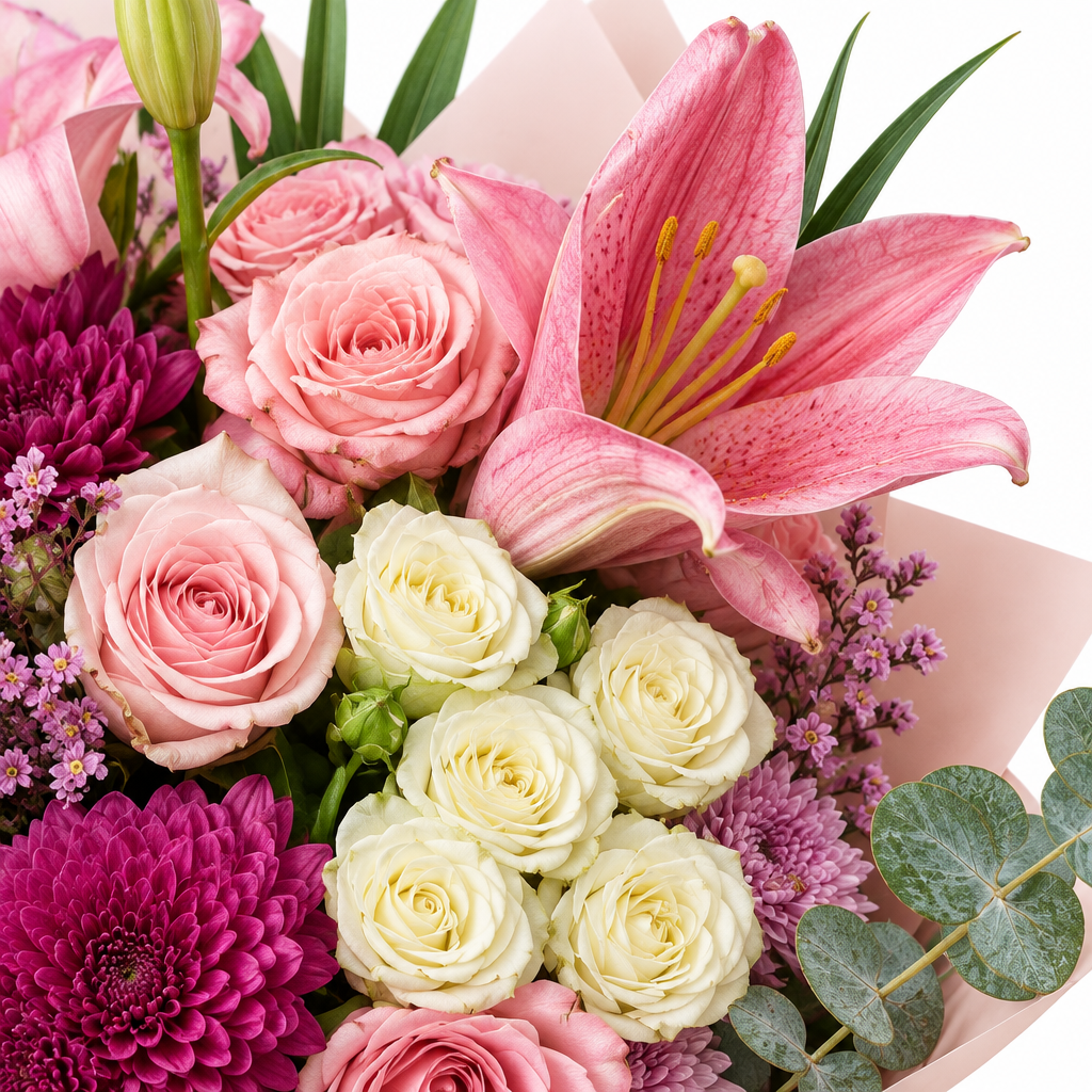 Grand Blushing Lily and Rose bouquet close-detail photo