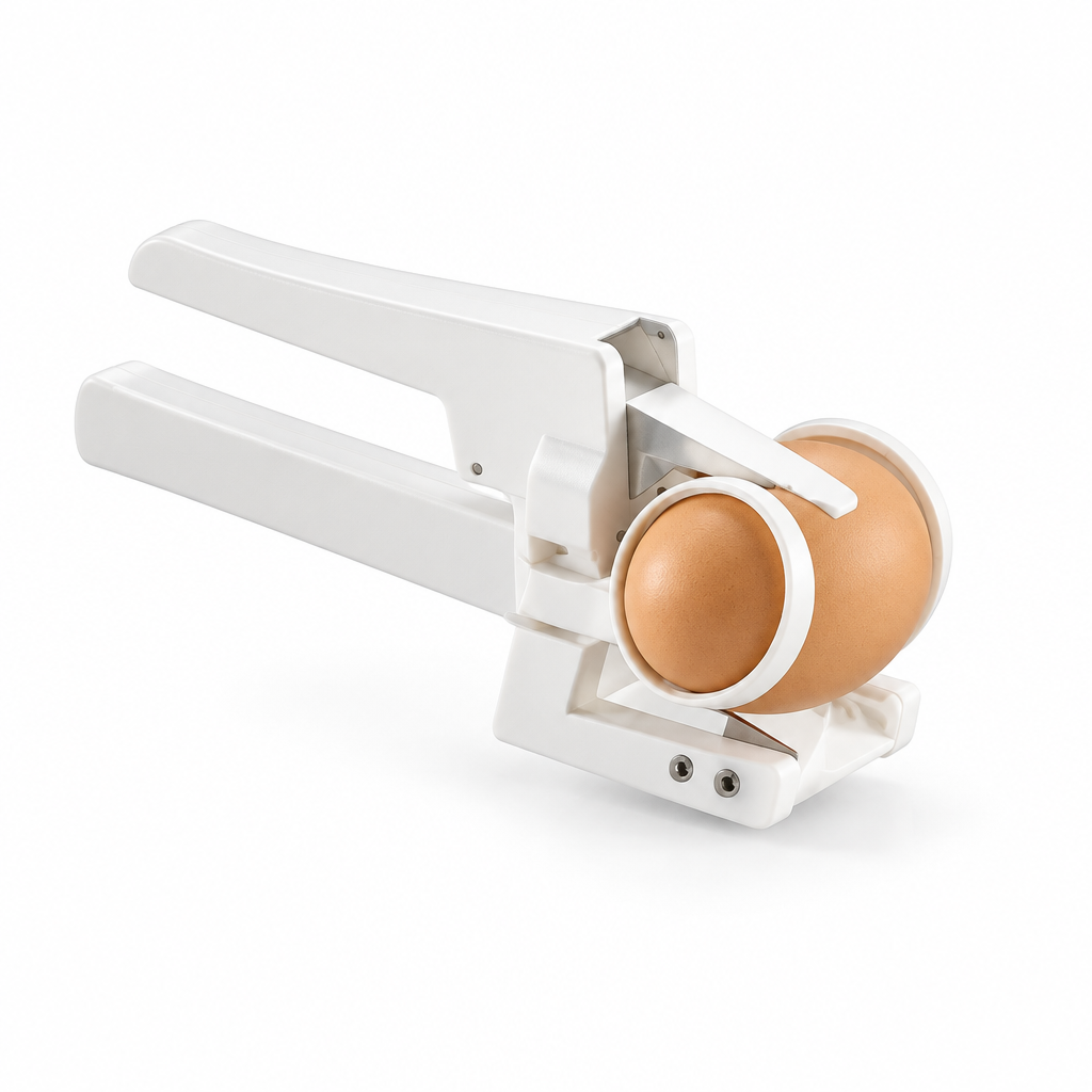 Handheld egg cracker with a brown egg on a white background
