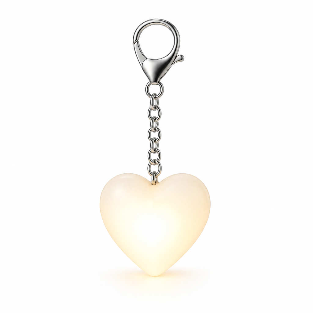 Heart-shaped handbag light with silver chain and clasp on white