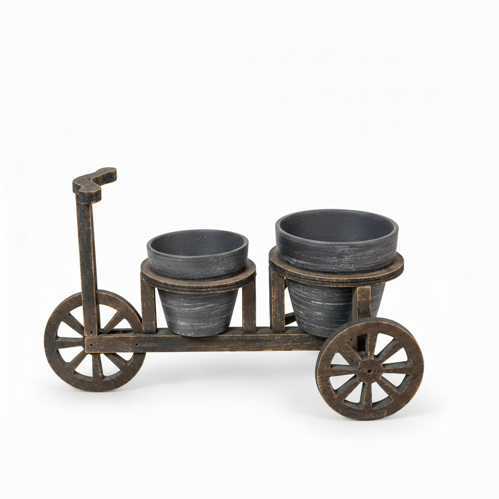Rustic bicycle double planter shown with both pots empty