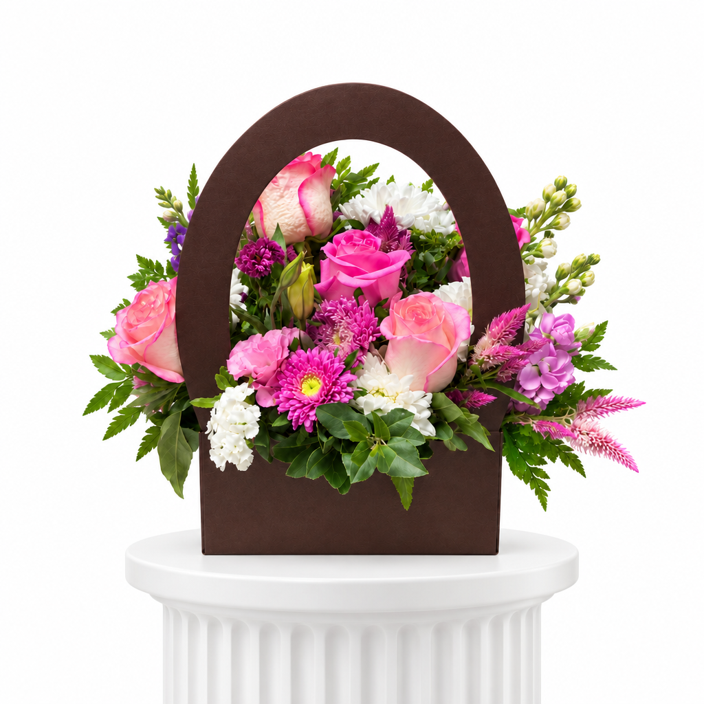 Pink rose handbag flower arrangement on a white fluted pedestal
