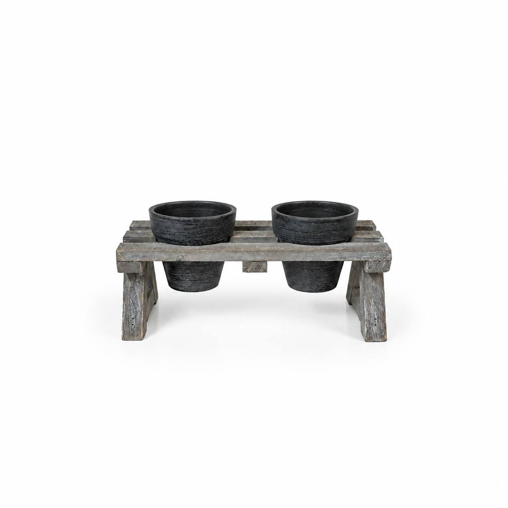 Rustic double-pot bench stand shown smaller with both dark planters empty