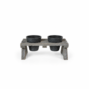 Rustic double-pot bench stand shown smaller with both dark planters empty
