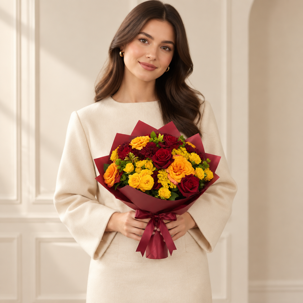 Woman holding the Sunset Romance red and yellow rose bouquet