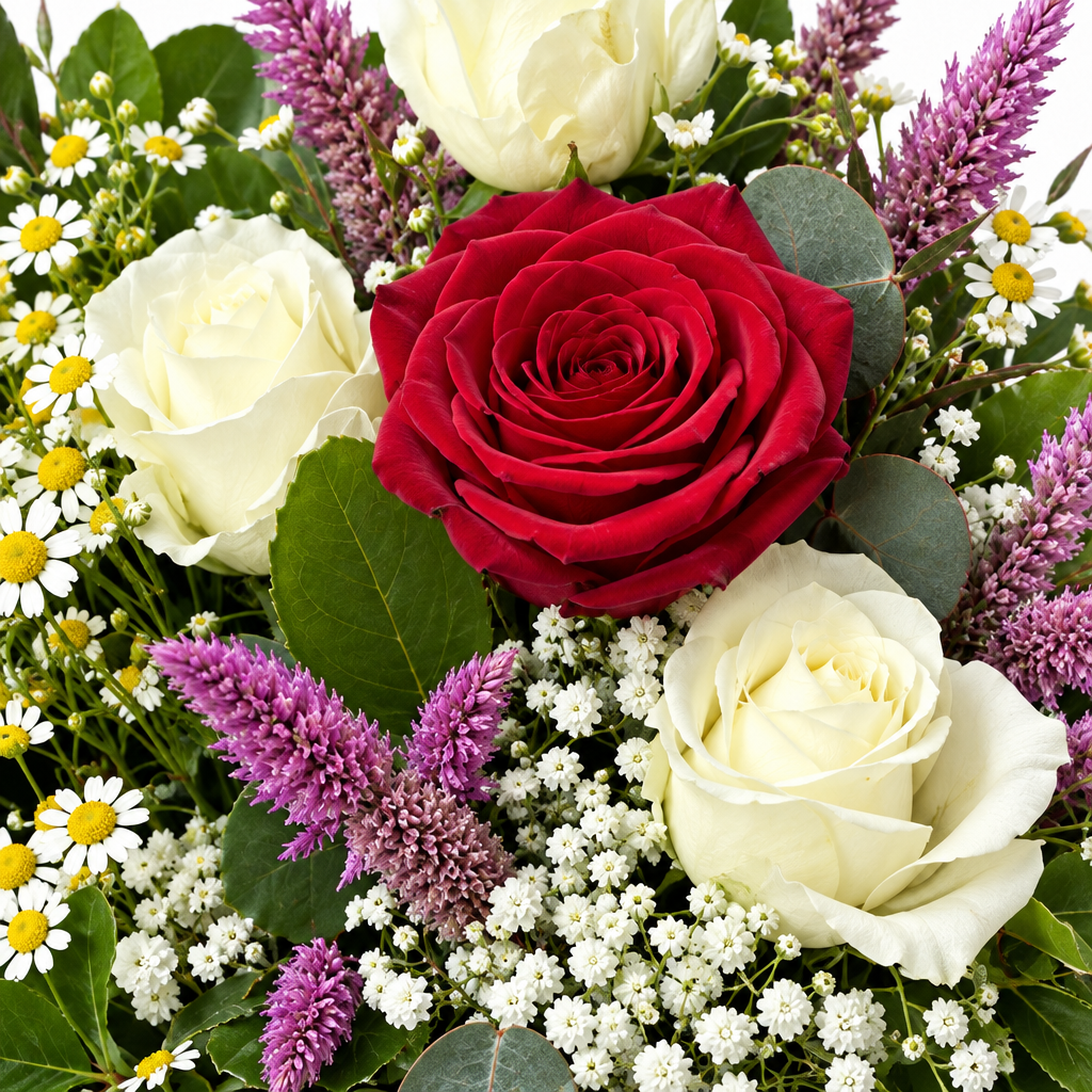Close detail of red and white roses with seasonal filler flowers