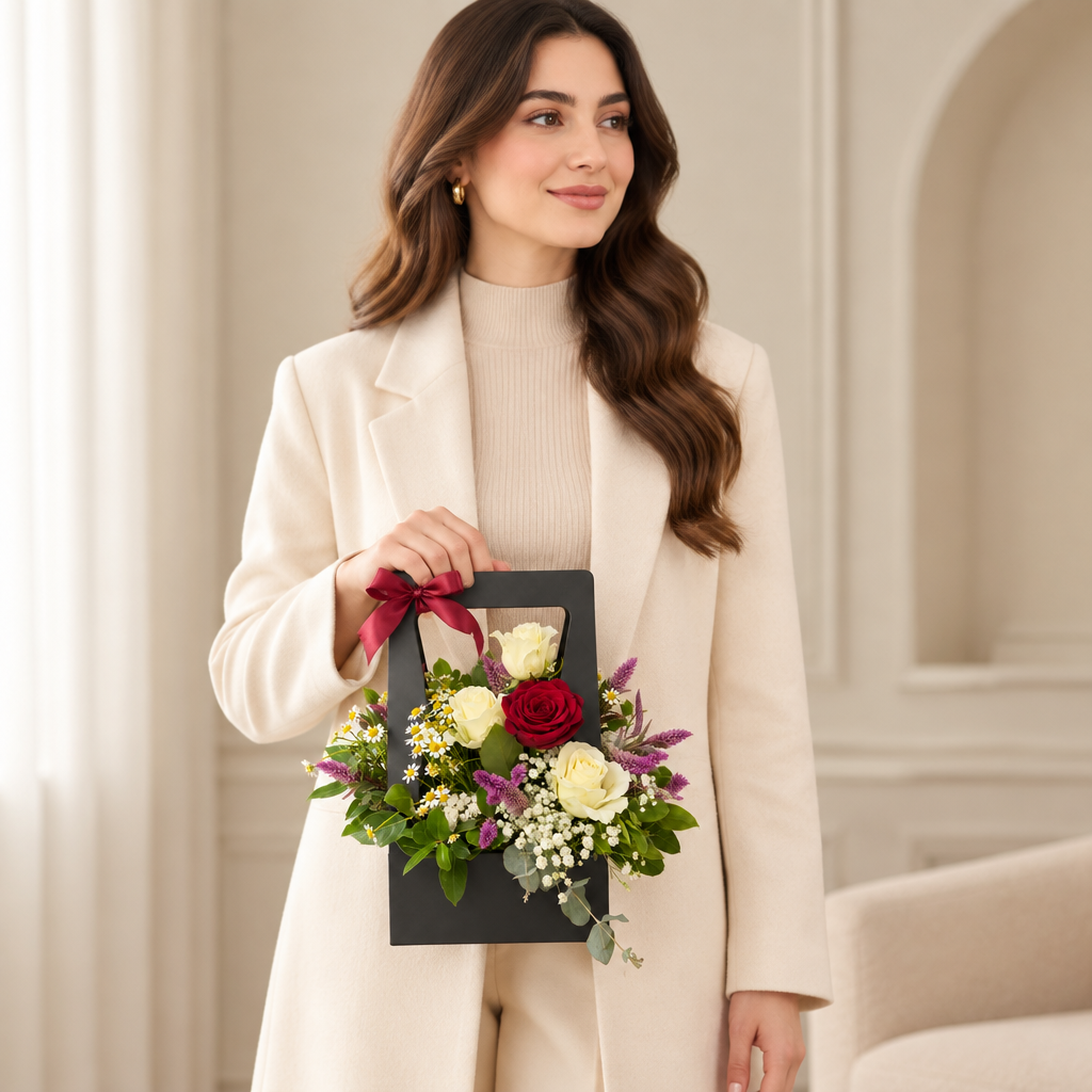Woman holding a red and white rose handbag flower arrangement