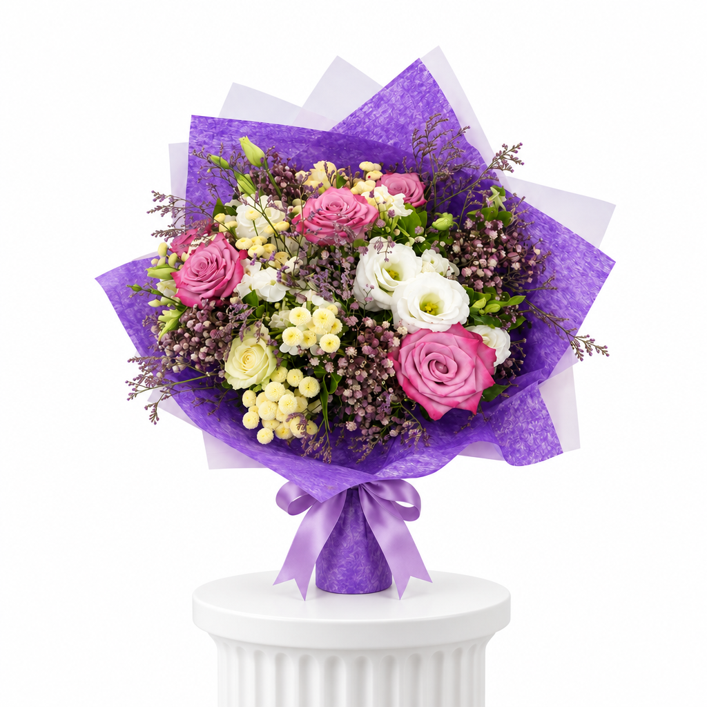 Purple Romance rose bouquet on a white fluted pedestal