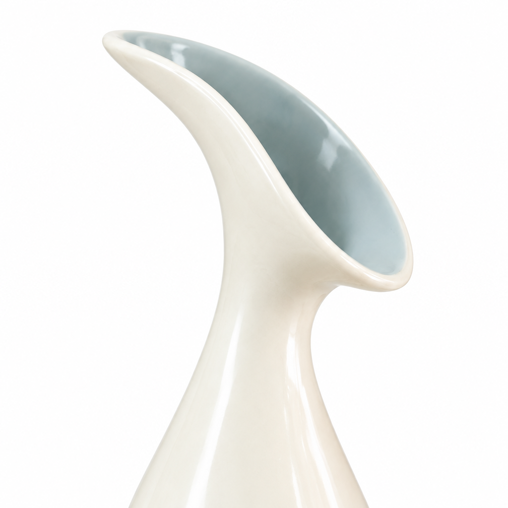 Close-up detail of the curved neck, asymmetric flared opening, and glossy ivory finish