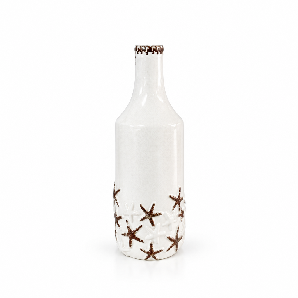 Coastal white starfish ceramic vase shown empty with generous white space