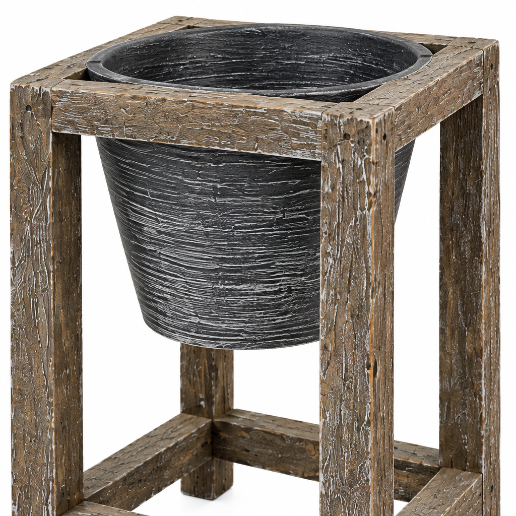 Close-up detail of empty textured planter and distressed wooden frame