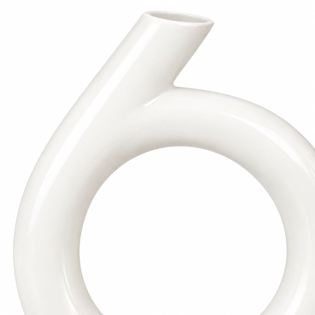 Close-up detail of the white ceramic vase ring and angled neck