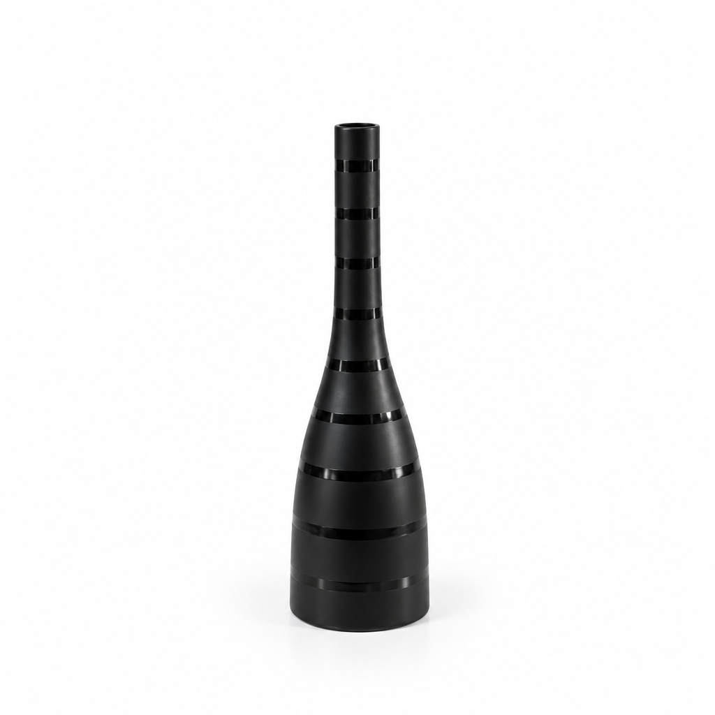 Tall black striped ceramic vase shown empty with generous white space