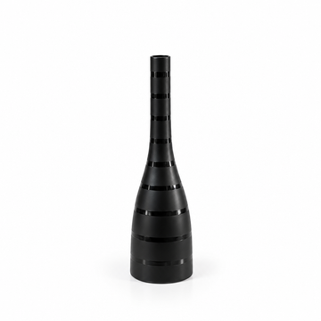 Tall black striped ceramic vase shown empty with generous white space