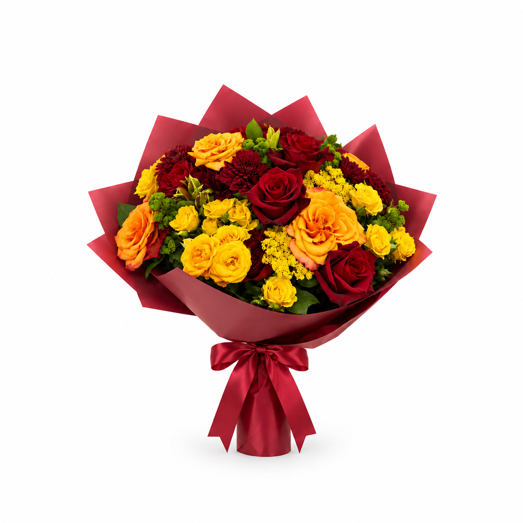 Red and yellow rose gift bouquet with burgundy wrapping on white