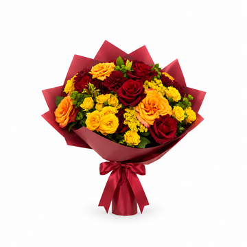 Red and yellow rose gift bouquet with burgundy wrapping on white
