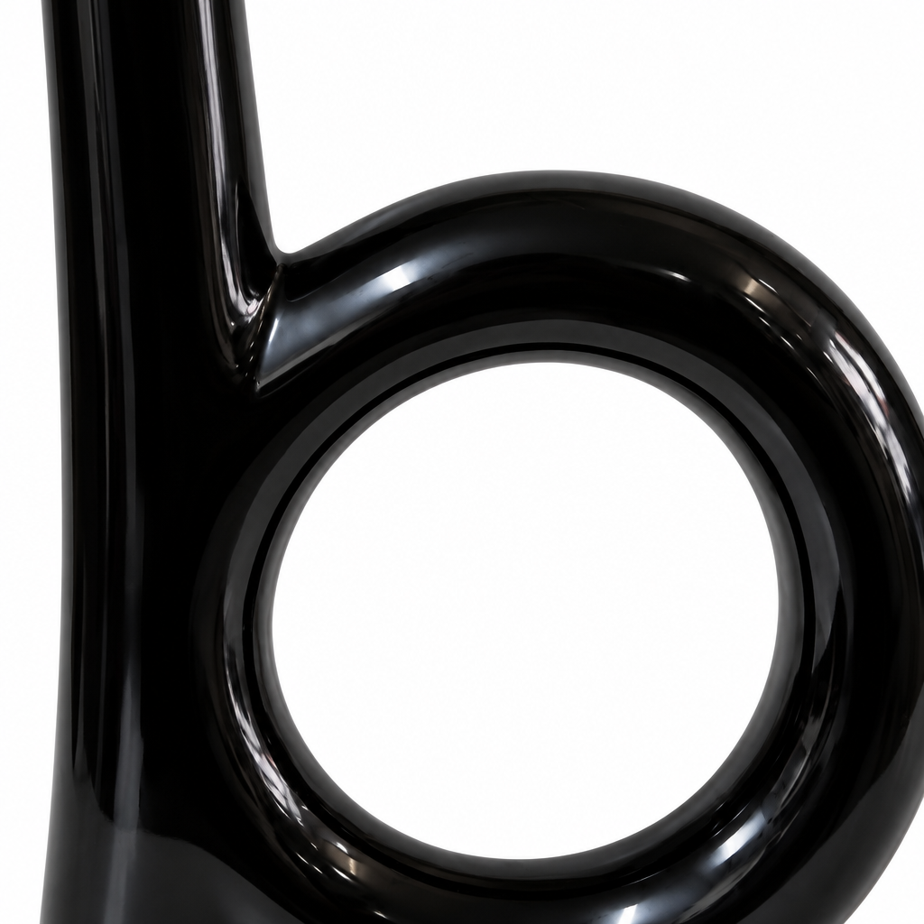 Close-up detail of the circular opening, neck junction, and glossy black ceramic finish