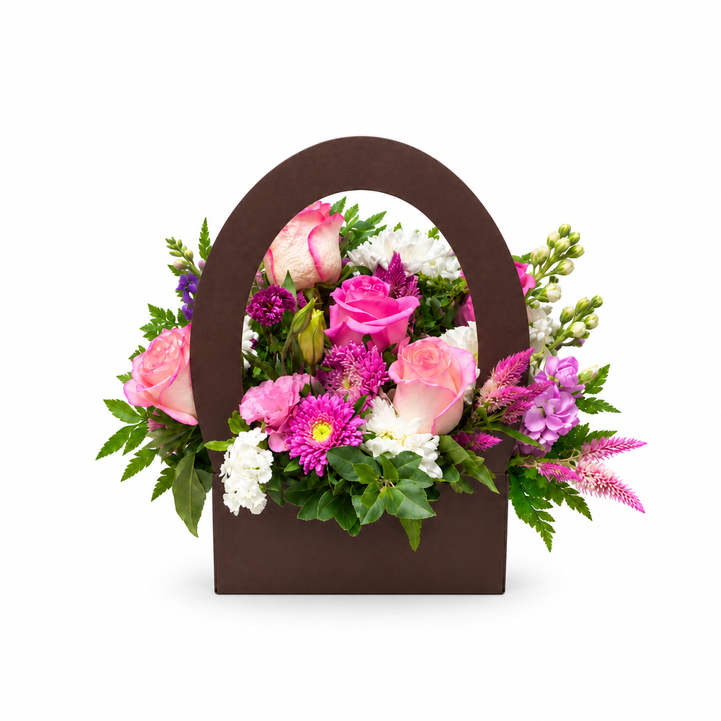 Pink rose handbag flower arrangement on a white background