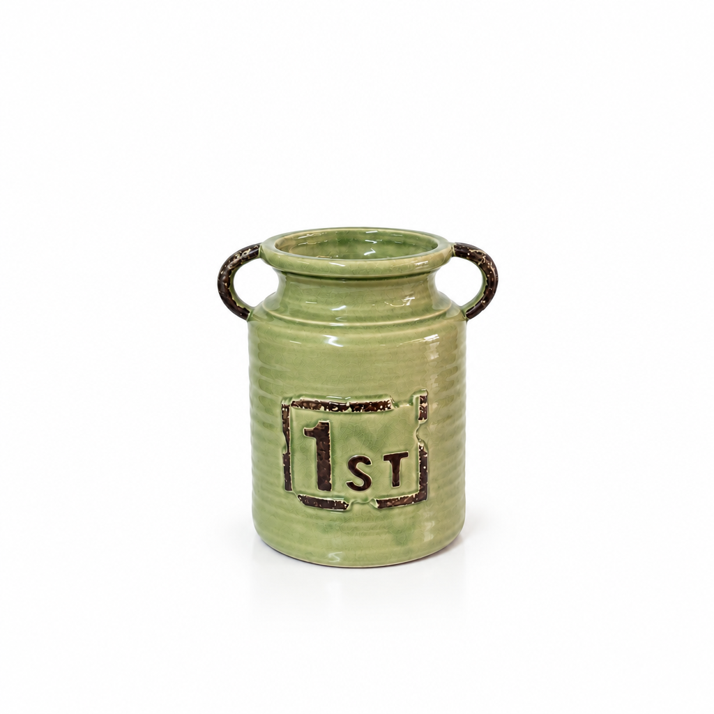 Vintage green double-handle ceramic pot vase shown empty with generous white space