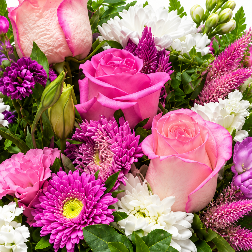 Close detail of pink roses and mixed seasonal flowers